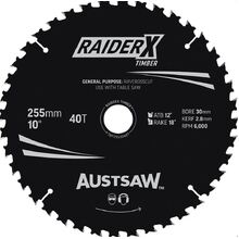 Austsaw RaiderX Timber Blade 255mm x 30 Bore x 25.4mm Bush 40 T Thin Kerf