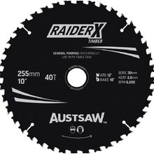 Austsaw RaiderX Timber Blade 255mm x 30 Bore x 25.4mm Bush 40 T Table Saw