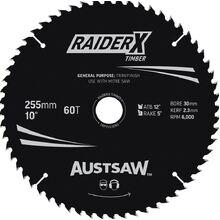 Austsaw RaiderX Timber Blade 255mm x 30 Bore x 25.4mm Bush 60 T Thin Kerf