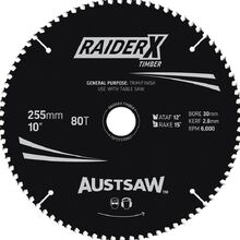 Austsaw RaiderX Blade 255mm x 30 Bore x 25.4mm Bush 80 T Thin Kerf